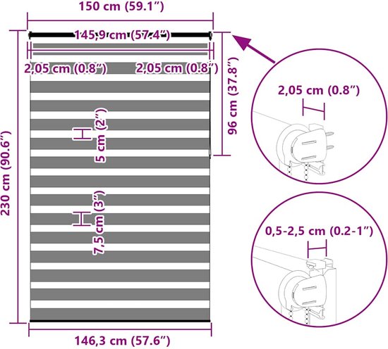 vidaXL - Store enrouleur Zebra - 150x230 - cm - largeur du tissu - 145,9 - cm - gris clair
