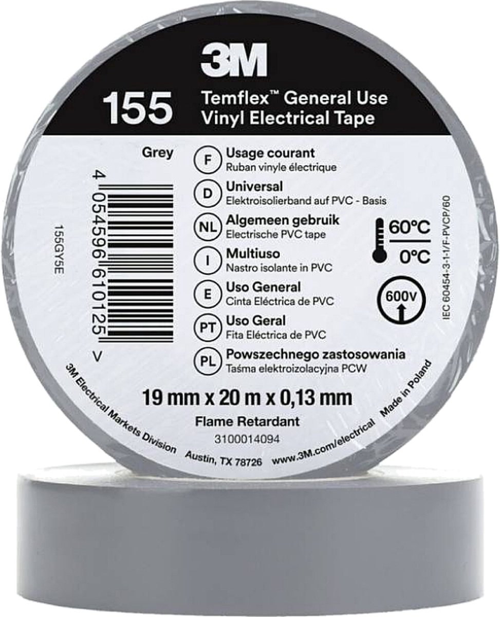 3M Isolatie Tape - 19mm breed - 0,127mm dik - 20 meter - Grijs