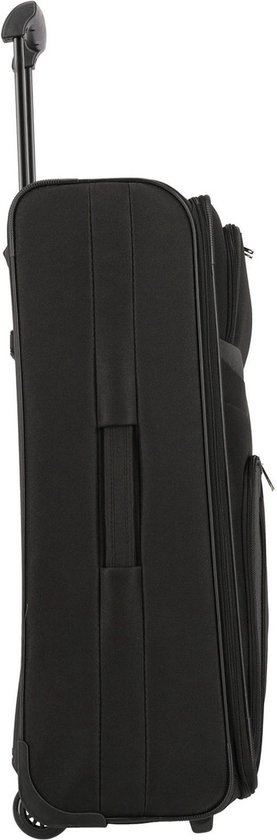 Vue latérale d'une valise trolley noire avec poignée, fermetures éclair et roues.