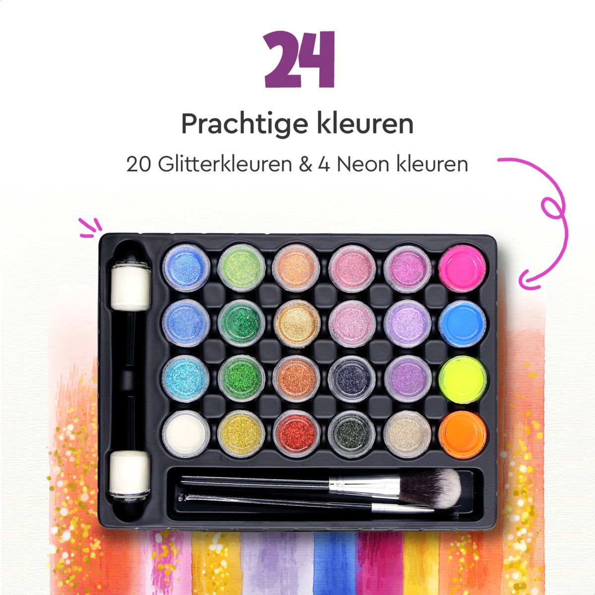 Partizzle Compleet Bio Glitter Tattoo Set - Meisjes / Jongens - Schmink Sjablonen, Lijm en Penselen - Gezicht Nep Neon Tattoos Knutselpakket - Festival - Kerst Cadeau / Knutselen voor Kinderen - 24 Kleuren / Biodegradable — afbeelding 3
