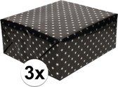 3x Inpakpapier/cadeaupapier holografisch zwart met zilveren sterretjes 150 x 70 cm per rol - kadopapier / cadeaupapier/papier