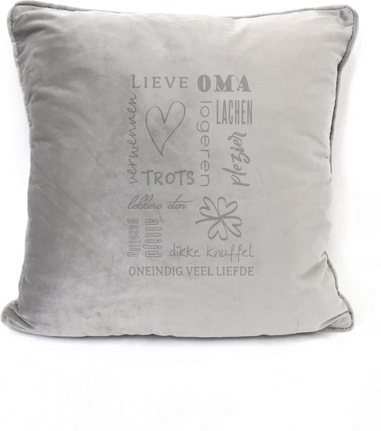 Zacht sierkussen licht Grijs/bruin- Licht Taupe Velours Kussen 45x45cm Met Tekst: Oma. Cadeau-voor Opa En Oma - Zomaar - Kerst - Sinterklaas - Verjaardag - Moederdag.