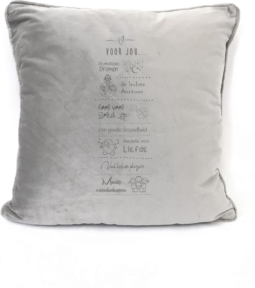 Grijs sierkussen Velours - 45x45cm - Met Tekst: Voor Jou… Baby - Kraamcadeau - Cadeau - Geboorte - Babyshower - Babyborrel.