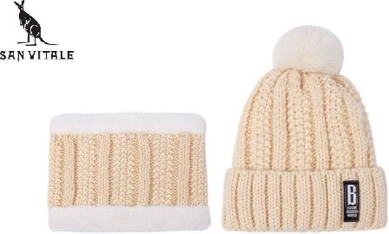 San Vitale® - Muts en Col-Sjaal - Dikste kwaliteit - 200+ gram - Beanie Muts - Gebreid - Warme muts - Wintermuts - Beige