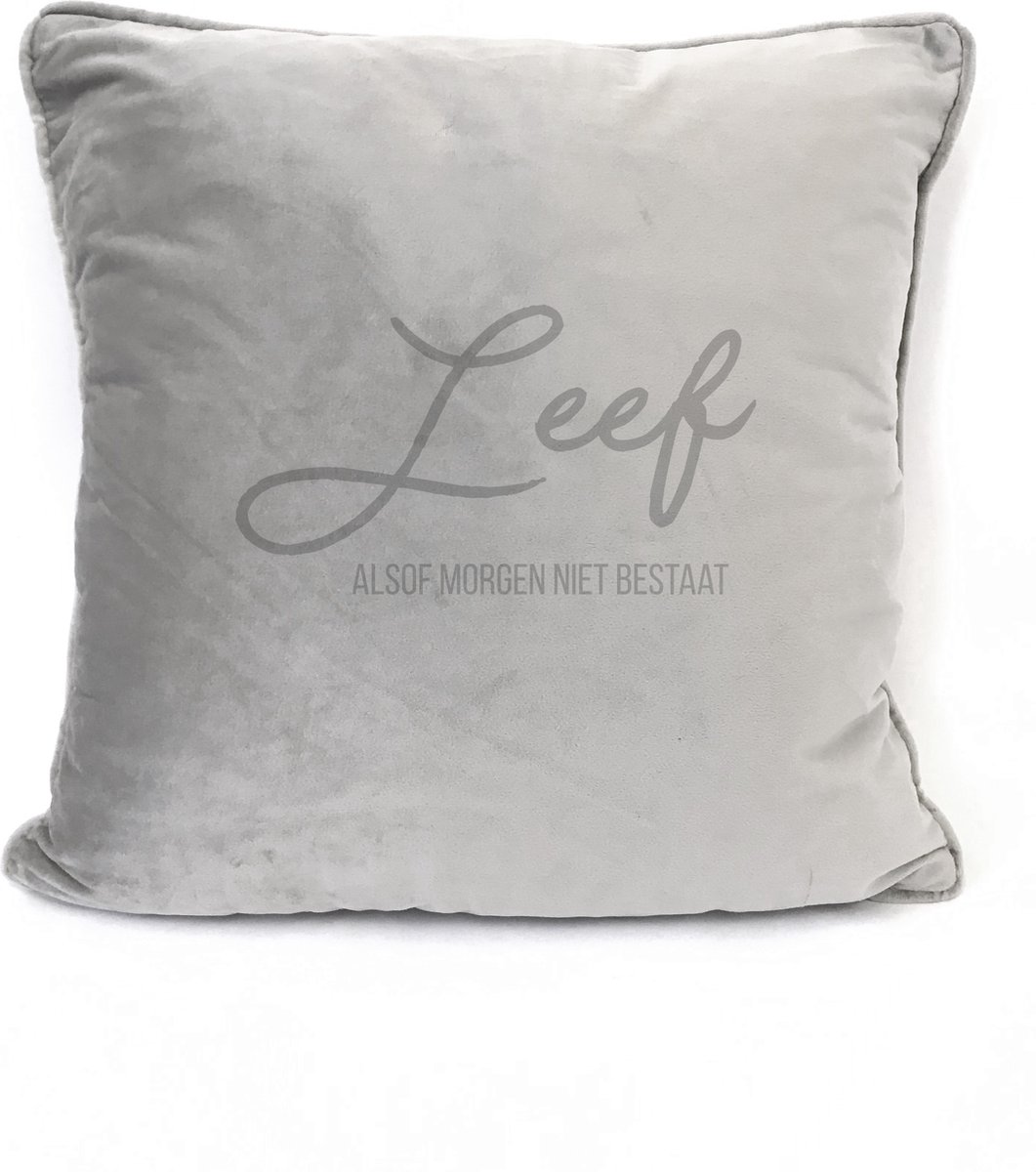 Grijs sierkussen Velours - 45x45cm - Met Tekst: Leef alsof morgen niet bestaat. Cadeau-verjaardag-bedankje.