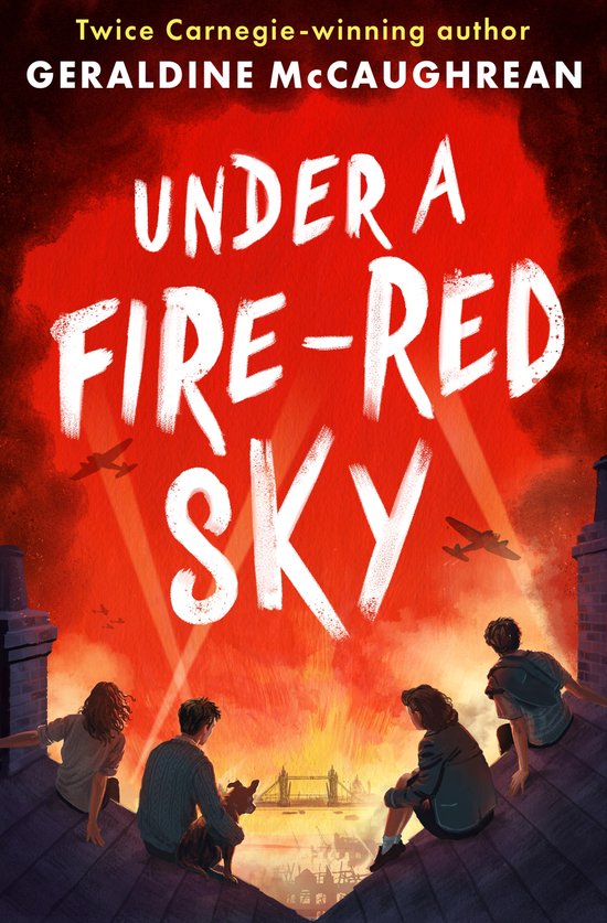Couverture du livre "Under a Fire-Red Sky" avec une lueur rouge et des avions au-dessus de Londres. Des enfants sont assis sur un toit.