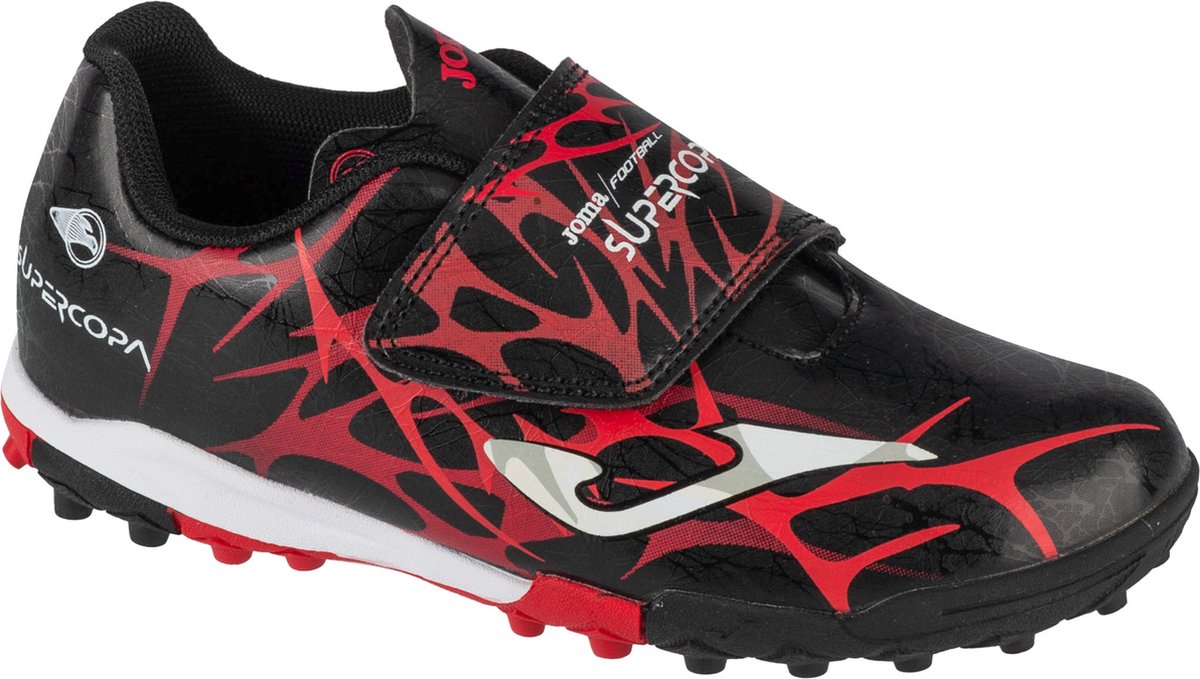 Zwarte Joma Super Copa Jr 2501 TF voetbalschoenen voor jongens, maat 37, met synthetisch leren bovenwerk en rode accenten.