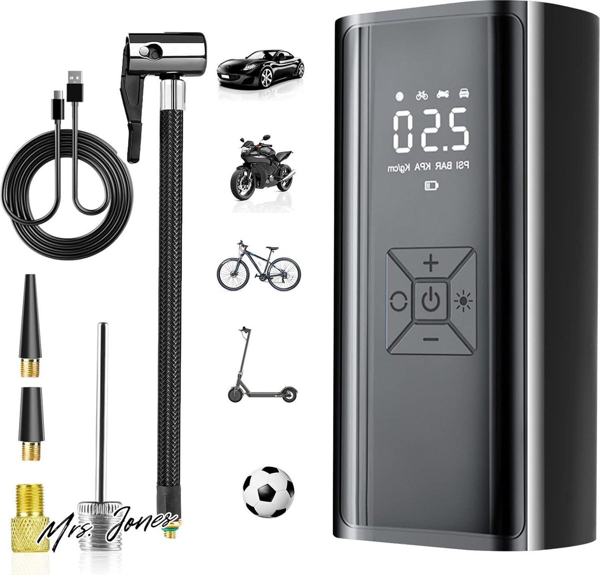 Mrs. Jones Elektrische luchtpomp 6000 mAh accu 150 psi compressor draagbare fietspomp digitaal lcd-display ledlicht auto motorfiets fiets ballen .
