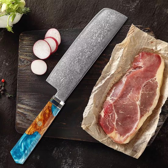 Couteau de chef japonais professionnel Nakiri KAAMUT® - 18 cm - Acier Damas 67 couches, tranchant comme un rasoir et durable - Manche en époxy bleu saphir et chêne - Coffret cadeau de Luxe