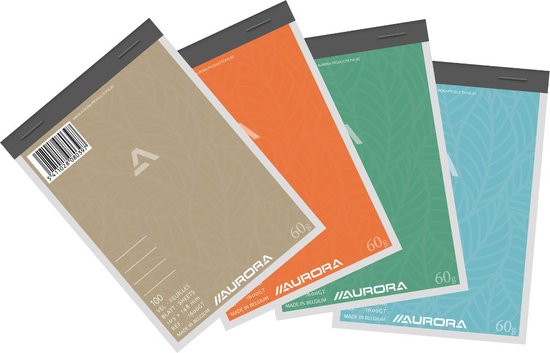Vier Aurora notitieblokken op een rij: beige met streepjes, oranje, groen en blauw met bladmotief.