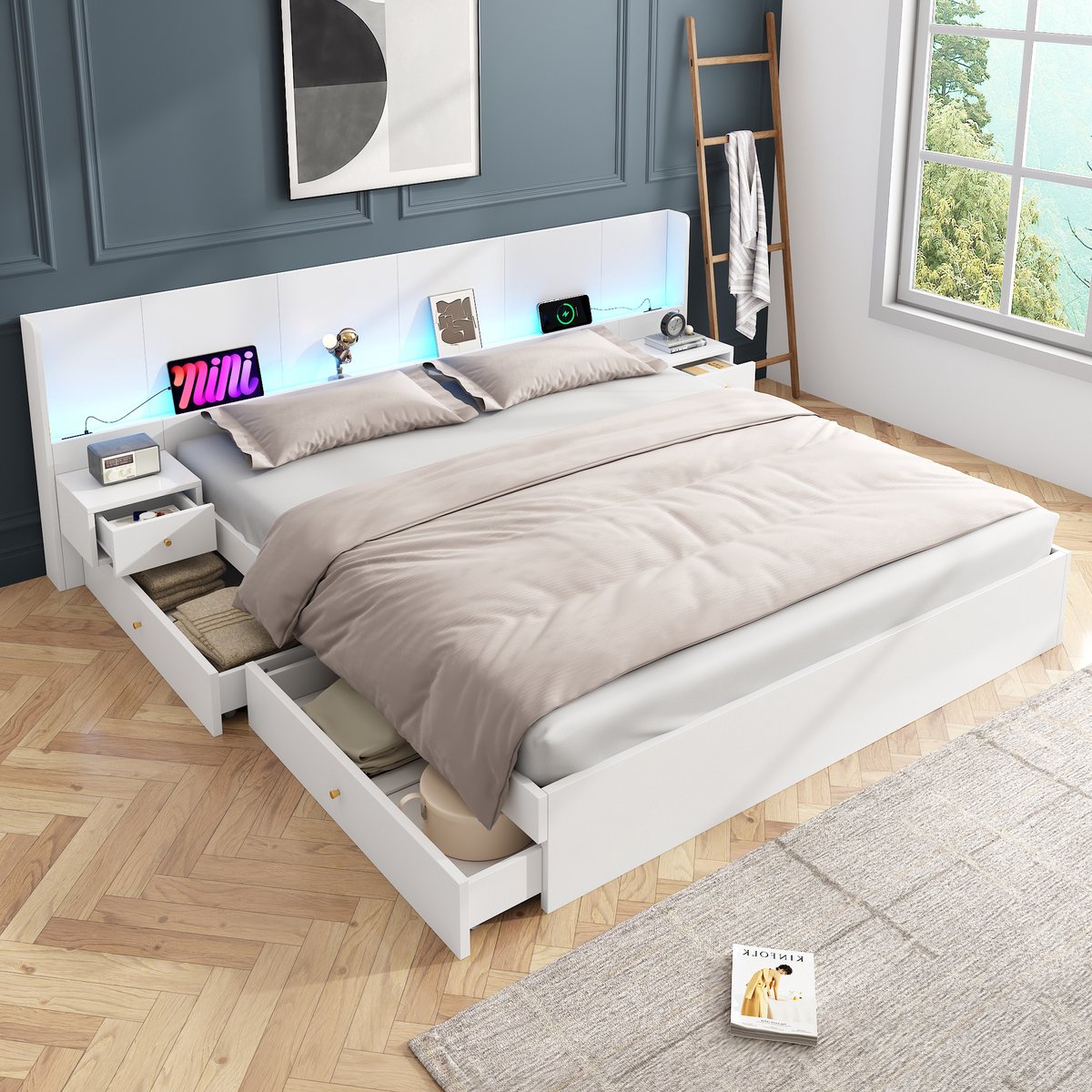 Sweiko Tweepersoonsbed - 180*200cm - USB-poort + LED-verlichting - 2 nachtkastjes + 2 laden - zonder matras - wit
