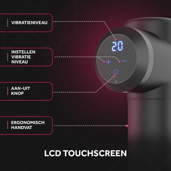 Zwart massagepistool met LCD touchscreen voor het instellen van vibratieniveau, aan-uit knop en ergonomisch handvat.