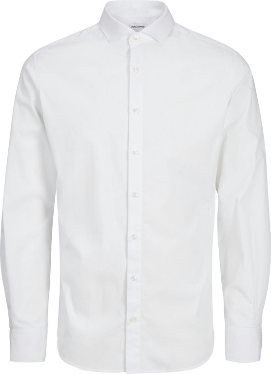 Wit, langarmig Jack & Jones overhemd voor jongens met knoopsluiting.