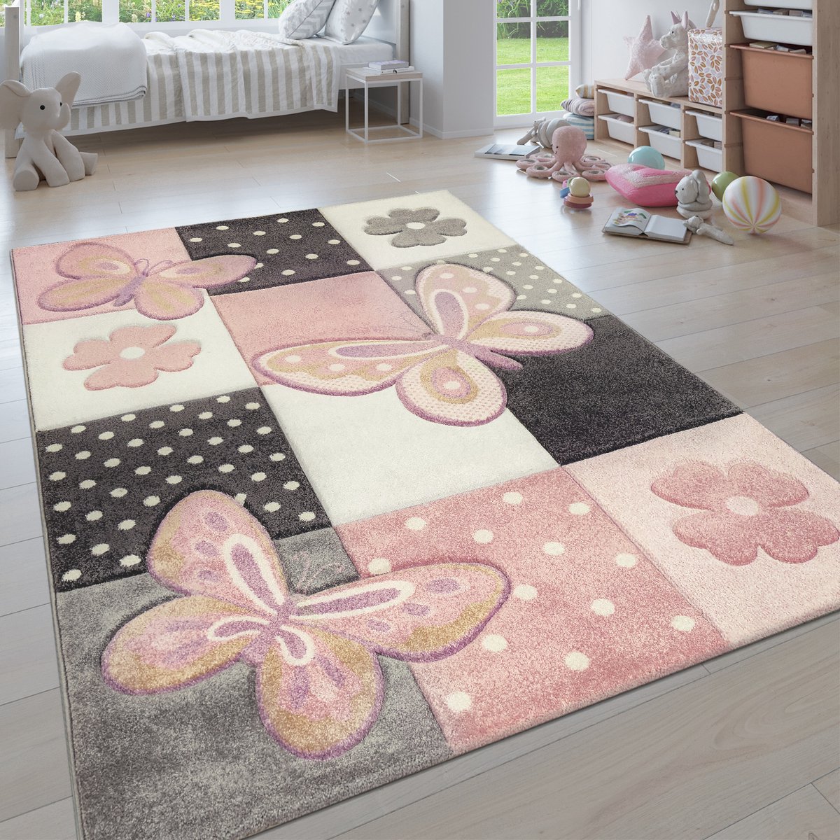 Paco Home Kindervloerkleed Kinderkamer Meerkleurig Roze Vlinders Ruitpatroon Stippen Bloemen 80x150 cm