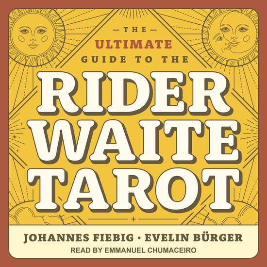 De ultieme gids voor de Rider Waite Tarot, met de zon, maan en kaarten getekend in een stijl die doet denken aan de jaren '70.