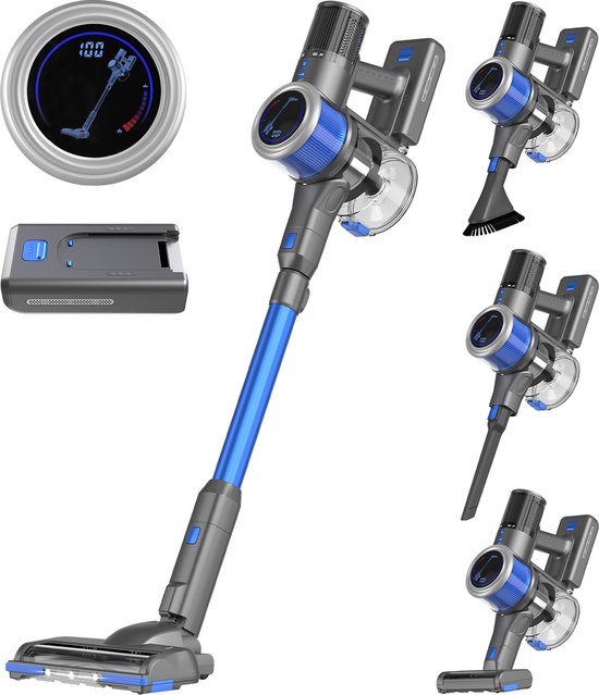 Foto: Auronic steelstofzuiger draadloos 350w draadloze stofzuiger hepa filter zelfstaand extra accu op accu zonder zak kruimeldief vacuum cleaner grijs blauw