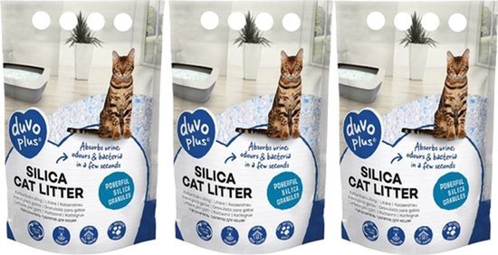 Duvo Plus Silica Cat Litter verpakking met kattenafbeelding. Absorbeert urine en geurtjes.