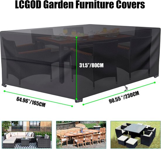 LCGOD Beschermhoes voor tuinmeubelen, 600D Oxford-stof, beschermhoes voor tuintafel, bescherming voor alle weersomstandigheden, voor tafel- en banksets met touw en gesp (230 x 165 x 80 cm
