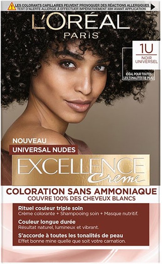 Box L'Oréal Paris Excellence Crème Universal Nudes met een vrouw met donkere krullen en de tekst '1U Universeel Zwart'.