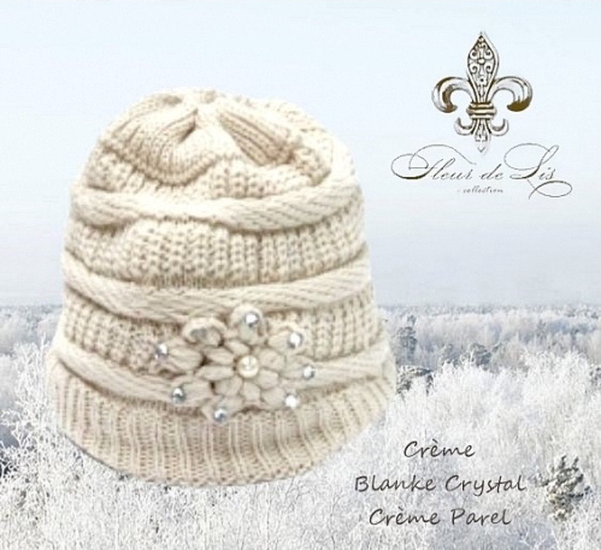 Fleur de Lis - Crème Gebreide Winter muts / Beanie - Bloem met Strass (blank) / Parel (crème) - volwassenen jeugd - dames meisjes - casual feest - herfst winter