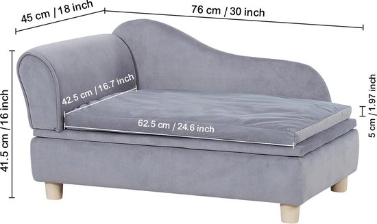 Collox Hondensofa - Hondenbank - Honden slaapbank - Voor grote honden en katten - 76 x 45 x 41,5 cm - Maximaal belastbaar gewicht 22,6 kg - Grijs