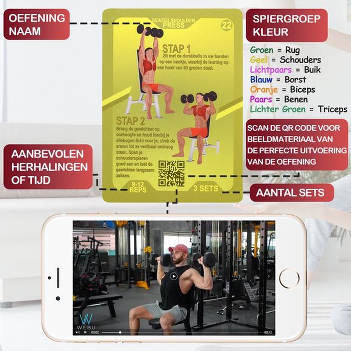 WEBU Workout Dobbelstenen + Bodyweight, Dumbbell, Weerstandsband, Kettlebell en Exercise Ball Workout Kaarten | Incl. Trainingsvideo's - Fitness - Crossfit - Thuis Sporten - Krachttraining - Yoga - Weerstandsbanden – foto 7