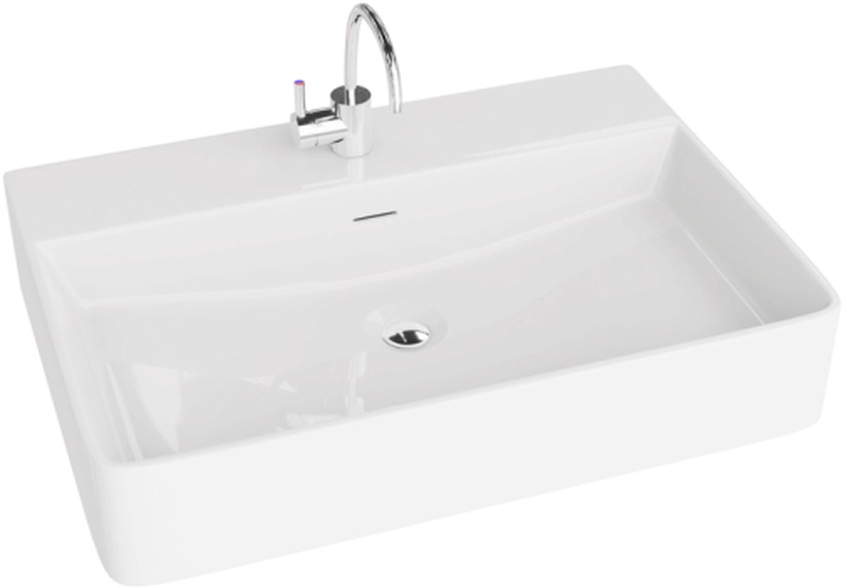 LAVITA® Opzetwastafel ALTAYA Rechthoekig Keramische Wastafel voor Badkamer en Gastentoilet - 610x420x125 mm - Wit Hoogglans - Wasbak met dunne rand - Keramik Waskom opbouw met kraangat en met overloop