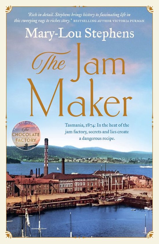 Boek "The Jam Maker" van Mary-Lou Stephens, met een historische afbeelding van een jamfabriek in Tasmanië, 1874.