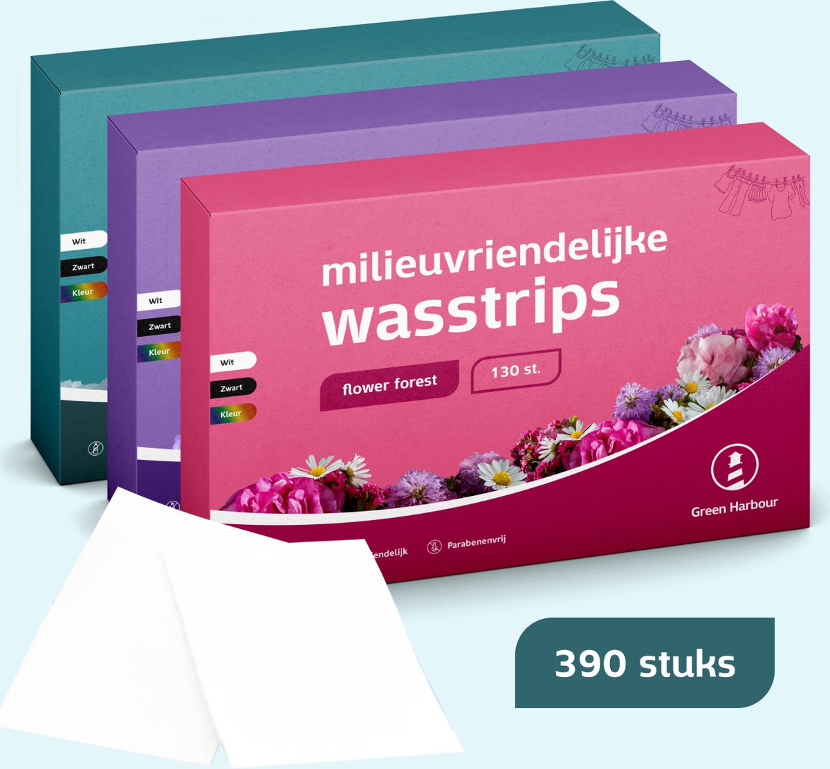 Goedkoopste GreenHarbour 4-in-1 Wasstrips - 3 Geuren Pakket - Wasmiddeldoekjes - Wasmiddel - Incl. Wasverzachter - 390 Stuks