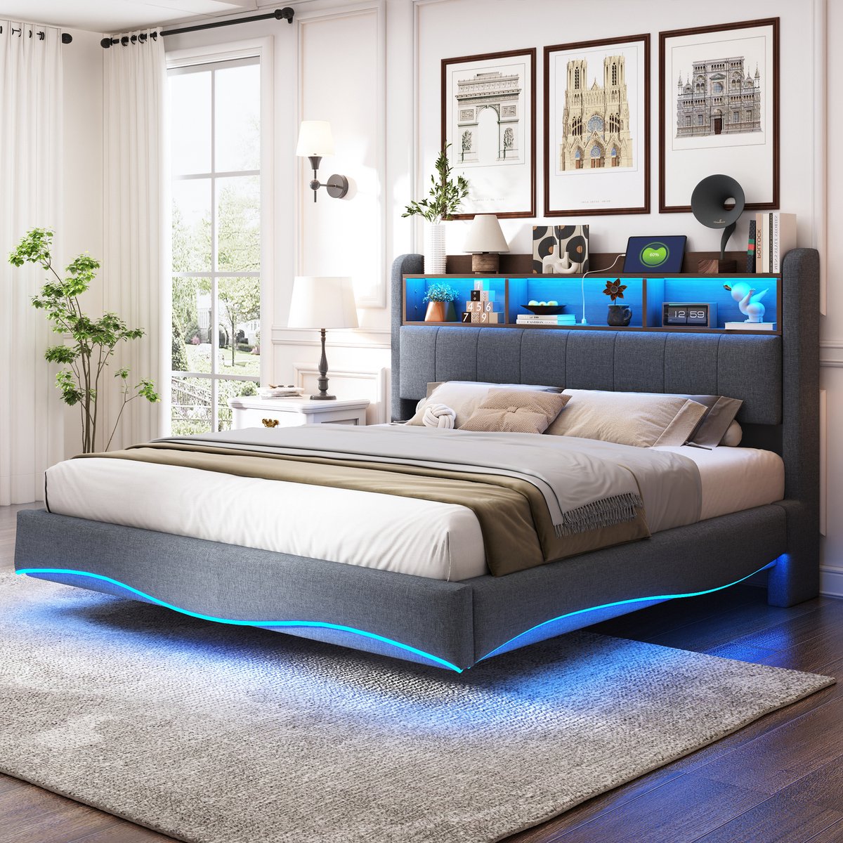 Sweiko Gestoffeerd bed - 160*200cm - LED-verlichting - Laderpoort - Linnen - Grijs