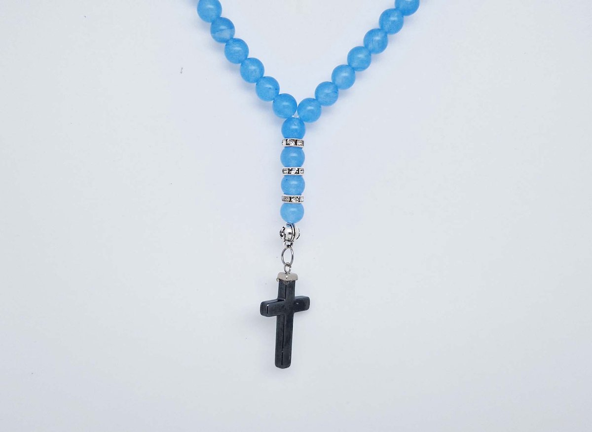 Handgemaakte Natuurstenen Autohanger "Blauwe Jade "- Met metalen hanger "Kruis" - 8 mm diameter van de korrel- Mooie accessoire en decoratie voor de auto