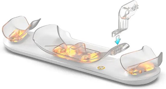 Witte Aolion docking station met oranje oplaadindicatoren voor VR-controllers en headset.
