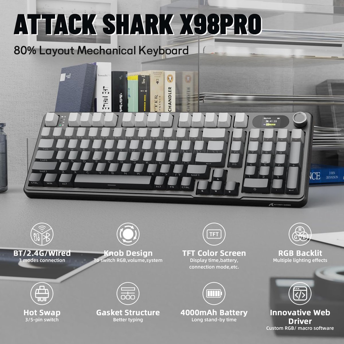 ATTACK SHARK X98PRO - Draadloze Mechanisch Gaming Toetsenbord - Side Printed PBT Keycaps - TFT Scherm - Multifunctionele Draaiknop - Wired/2.4G/Bluetooth Tri-Mode - Gasket Mod - 98keys - Moonlit Night thumbnail 2