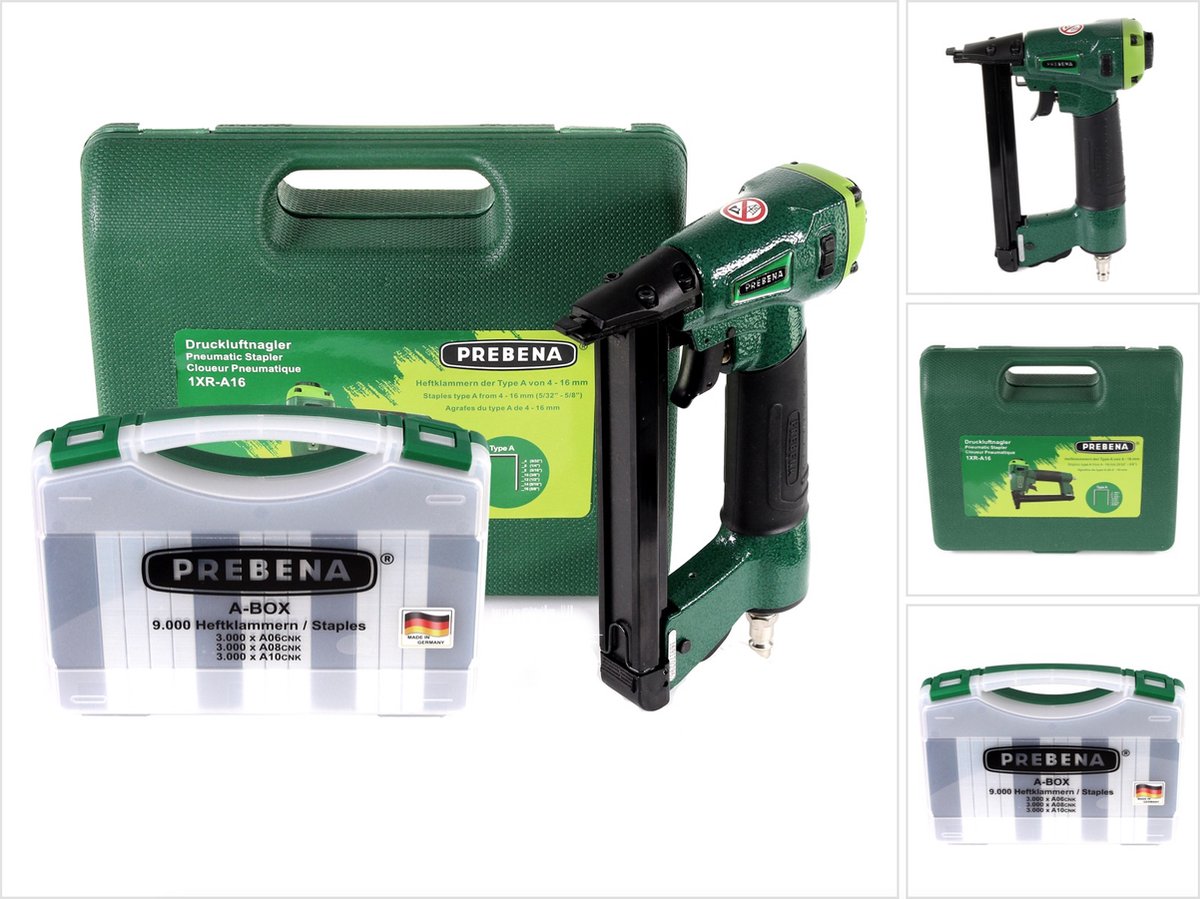 Prebena 1XR-A16 luchtdruk spijkermachine in transportkoffer + A-BOX 9.000 nietjes / staples