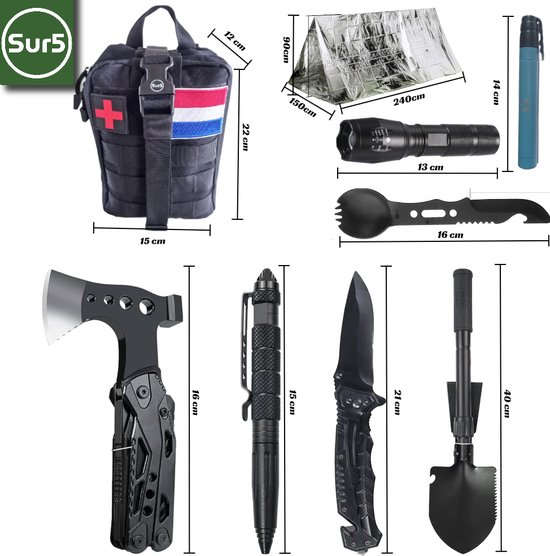 SUR5® Survival Set Premium NL / BE - Kit d'urgence le plus complet et de haute qualité - Kit de Survie pour toutes vos aventures en outdoor avec outil multifonction 16 en 1 de haute qualité, filtre à eau 2.0, boussole,... - Bushcraft - Zwart