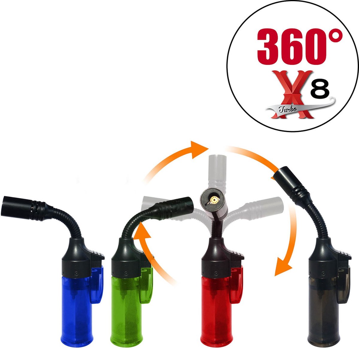 Goedkoopste Tobaliq - Hervulbare Aansteker - Vuurwerk Aansteker - Gasbrander - Gasaansteker - BBQ - Windproof - Jet-aanstekers Brander - FLEXI 360° X8 - set 4 designs met navulflacon