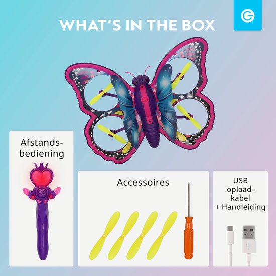 Contenu de la boîte : drone papillon violet, baguette magique violette, hélices de rechange, tournevis, câble de chargement USB et manuel.
