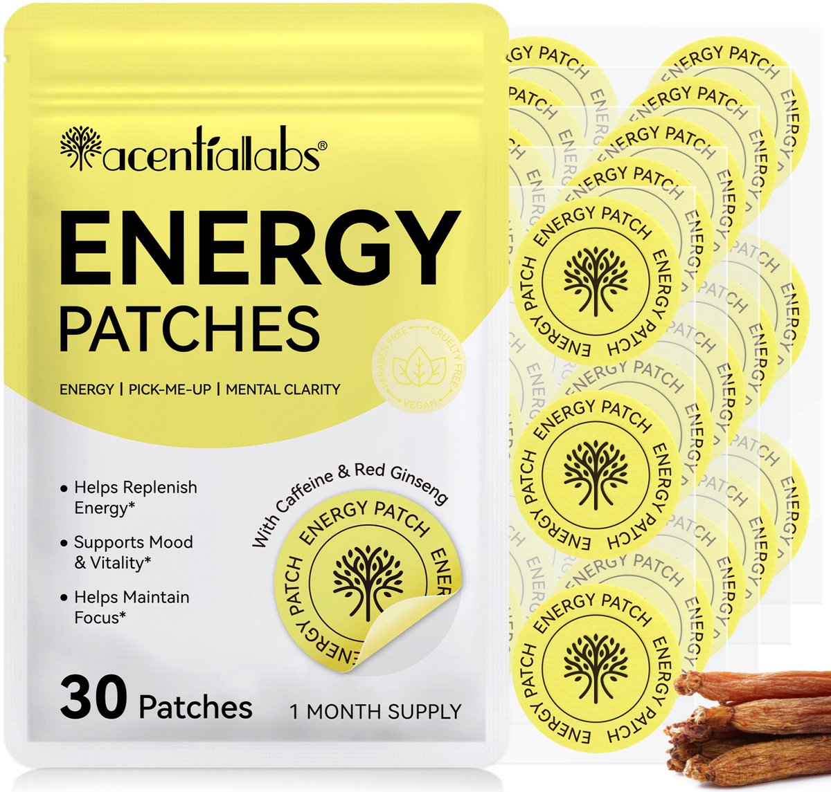 AcentialLabs Energy Support Patches – 30 Stuks – Transdermale Huidpleisters – Met Caffeine & Ginseng