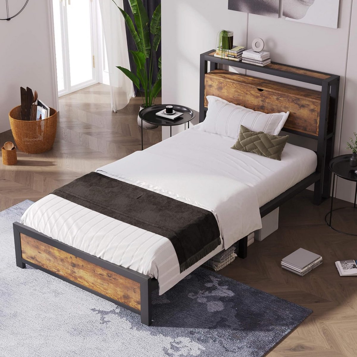 Eenpersoonsbed 90x200 cm met Lattenbodem en Hoofdeinde in Houtlook