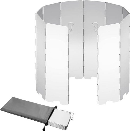 Opvouwbaar aluminium windscherm met 10 panelen en opbergzak.