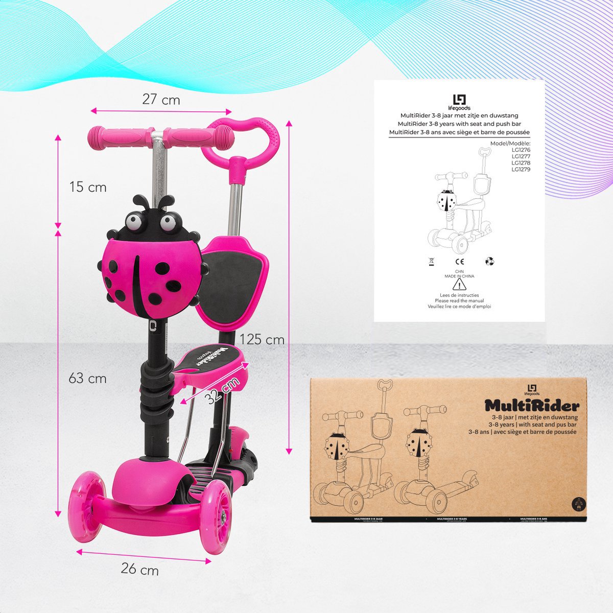 LifeGoods MultiRider - Kinderstep met Duwstang - 3 tot 8 Jaar - Hoogte Verstelbaar - Jongens/Meisjes - Lichtgevende LED Wielen - Roze — afbeelding 11