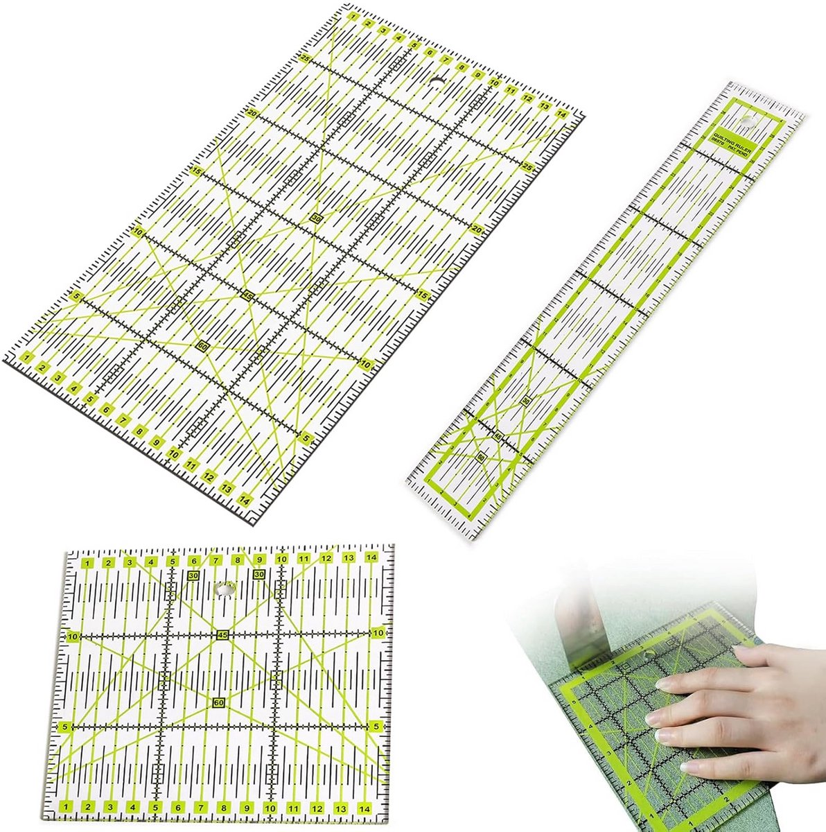 3-delige patchworkliniaal set - transparant acryl snijliniaal met schaalverdeling en hoekmarkeringen