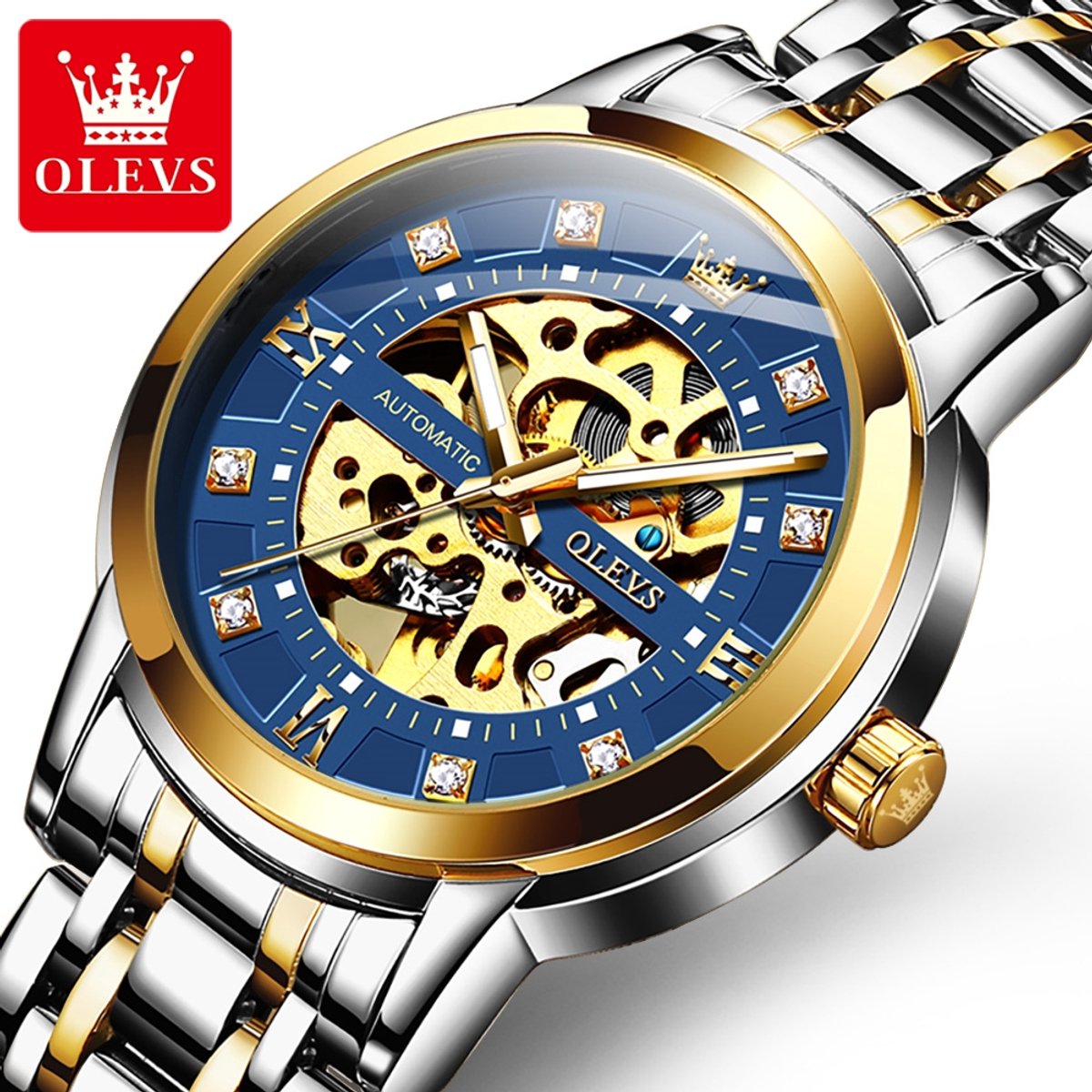 HO-9901.gz-bl : Olevs goudzilverkleurig automatisch-mechanisch edelstaal heren skeleton horloge, blauwe wijzerplaat, 3BAR, tourbillon, luminiscerend