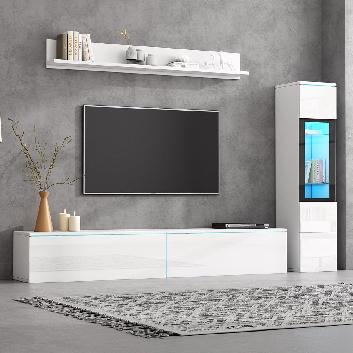 Moderne Woonkamerset 3-Delig met LED Verlichting Hoogglans Wit TV-Meubel en Vitrinekast