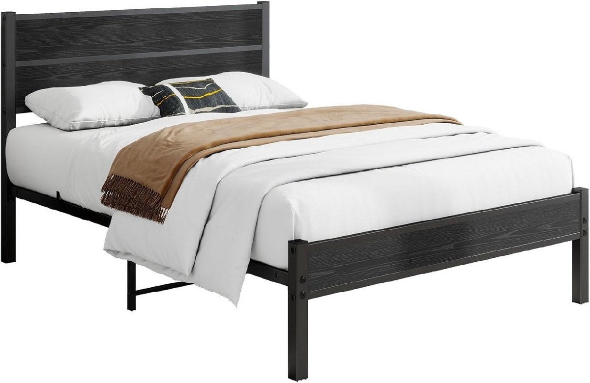 Eenpersoons Bedframe Zwart met Houten Hoofdeinde en Voetenplank - Veel Opbergruimte