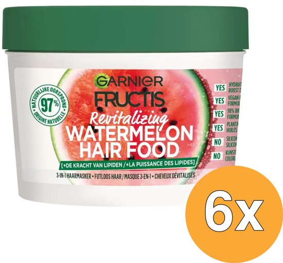 Garnier Fructis Hair Food Watermelon Revitaliserend 3-in-1 Haarmasker Voordeelverpakking - Futloos Haar - 6 x 400ml