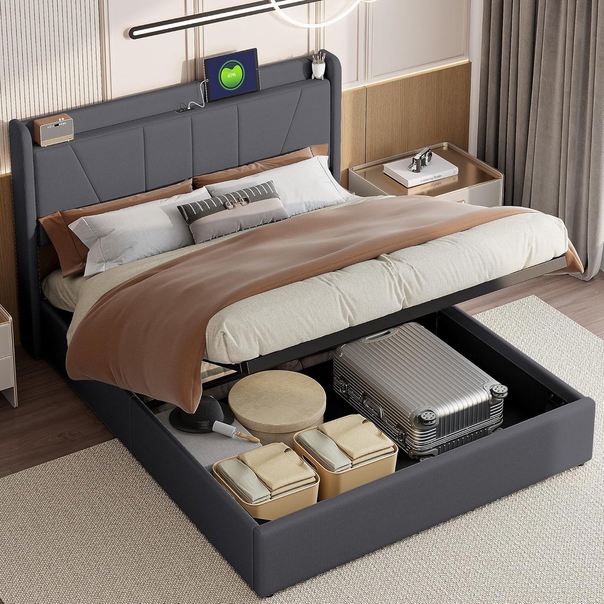 Tweepersoons Bed 140x200 cm met Opbergruimte en Inclusief Lattenbodem - Gestoffeerd Grijs