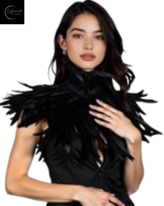 Festivallook – Luxe Veren Halsstuk Zwart – Gothic Burlesque Festival Accessoire – Sexy Schouderversiering Dames – Verenkraag Choker Top – Veren Kraag Kostuum Accessoire Halloween – Show Burlesque Fantasy Outfit – Verenkraag Zwart Veren Top Party Mode