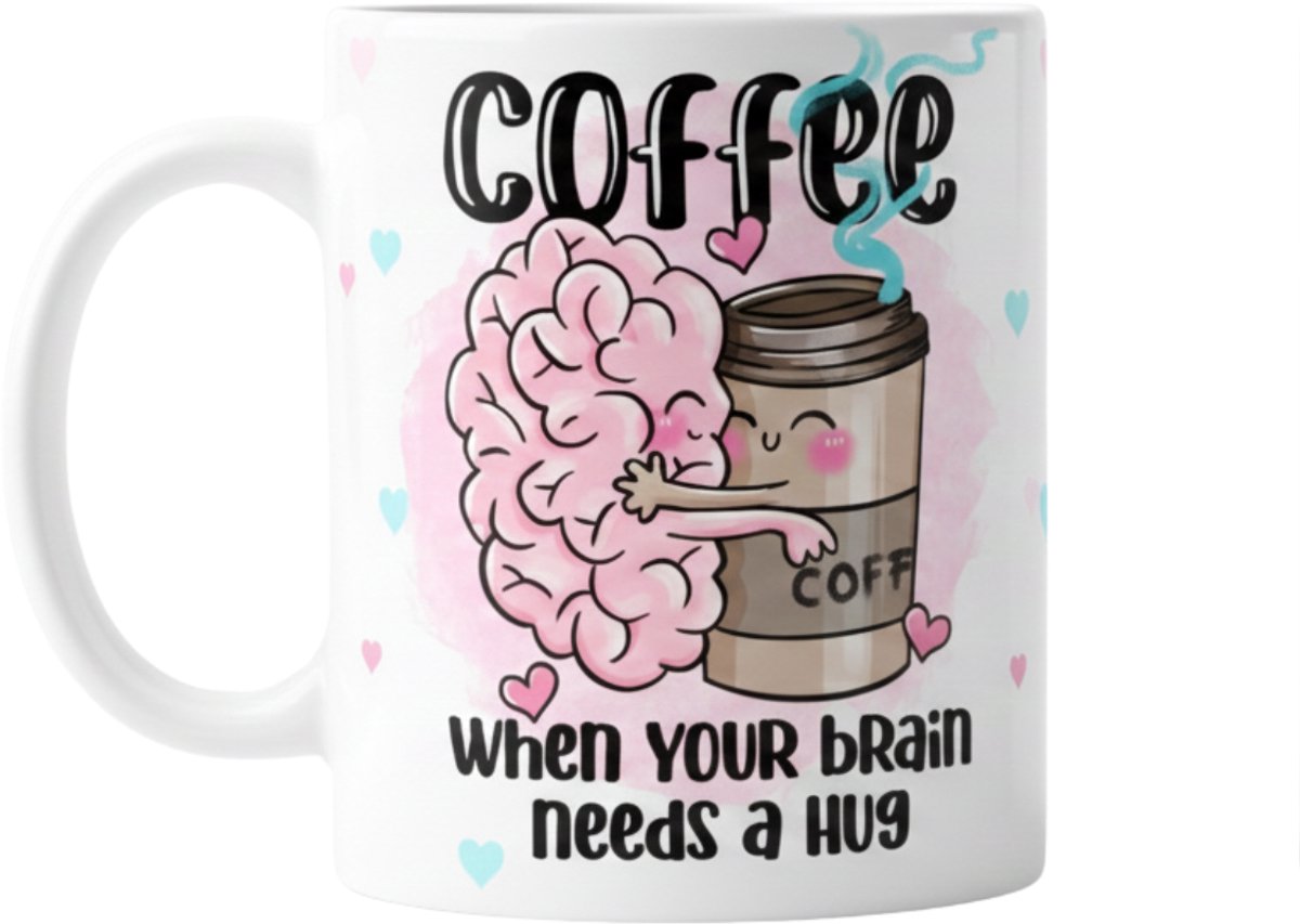 Koffiemok "Coffee Brain Hug" - Wit Keramiek - 330ml - Cadeau tip - Grappige Mok met Quote
