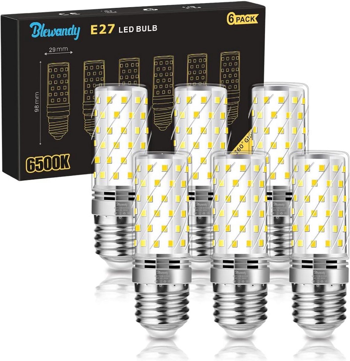 6x E27 LED Lamp 12W - Krashelder Koudwit Licht (6500K) - Vervangt 100W Gloeilamp - 1200Lm